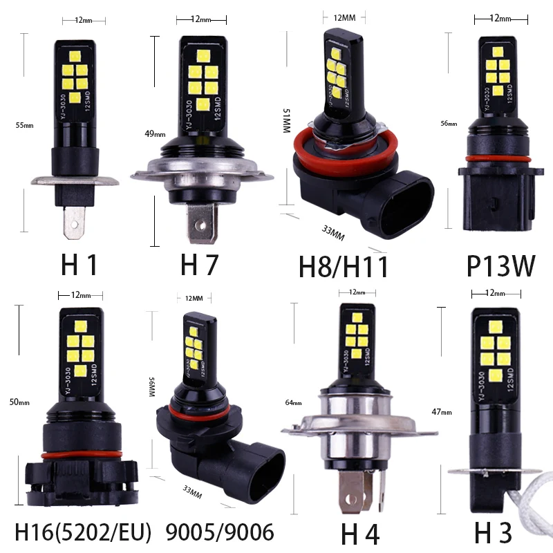 

100PCS P13W H11 H8 H4 H1 H3 H7 9005 9006 HB4 HB3 H16 5202 3030 Chips Fog Lights Bulb Car Driving Light Foglamps Auto 12v