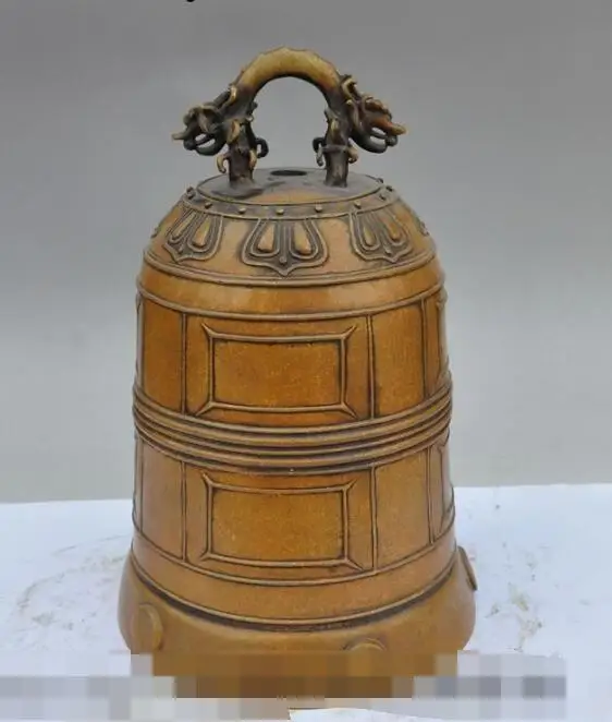 

S01305 12" old chinese palace buddism temple pure bronze dragon beast statue bell B0403