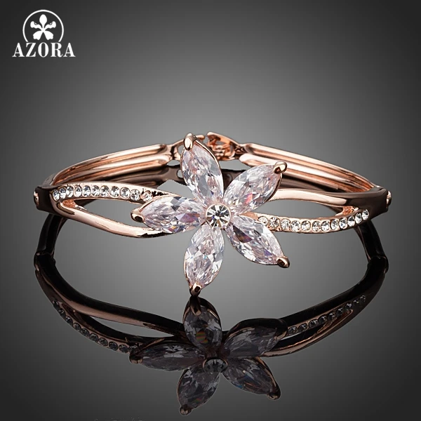 AZORA Rose Gold Color Five Petals Flower Cubic Zirconia Charm Bangle Bracelet TB0057