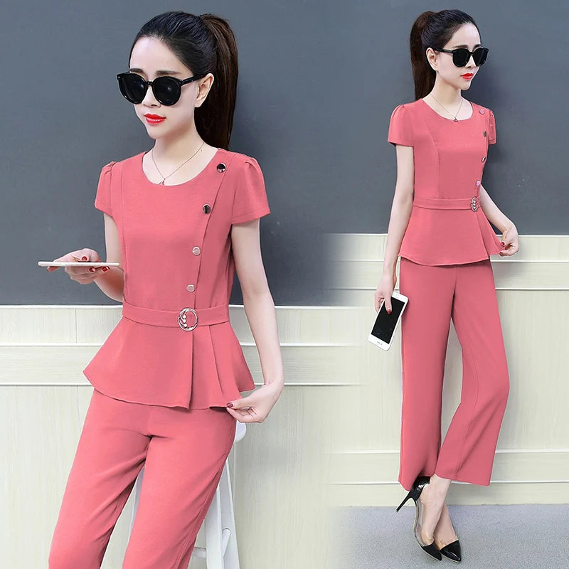 

Korean Fashion new design ladies clothes summer two-piece short sleeve blouse top & wide-legged pants outfit vestido OL button