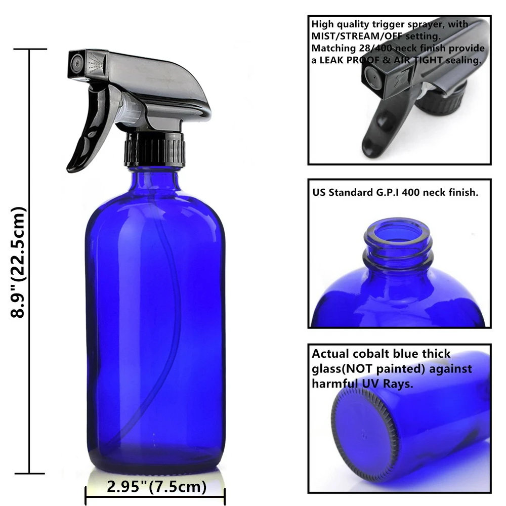 미스트 & 스트림 트리거 스프레이가 있는 500ml 빈 파란색 유리 스프레이 병 2 개, 에센셜 오일용 청소 제품 16 Oz 리필 가능