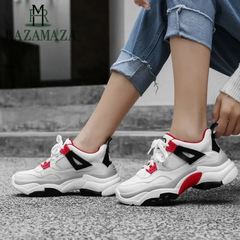 

RAZAMAZA 2019 Spring Autumn Real Leather Sneakers Women Fashion Mixed Color Mesh Breathable Casual Shoes Women Size 35-40