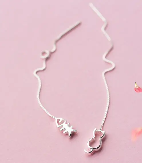 

Реальный. Женские серебряные серьги-протяжки с открытым котом и рыбой, длинные серьги из стерлингового серебра GTLE1167