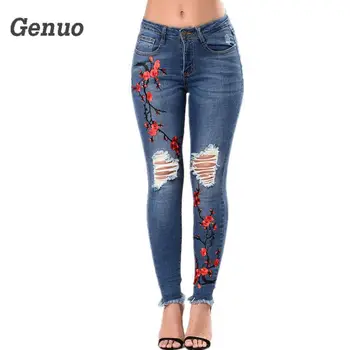 

Genuo jeans embroidery pantalones vaqueros mujer Jeans pantalones de mujer denim Pencil Pants Female ripped jeans para mujeres