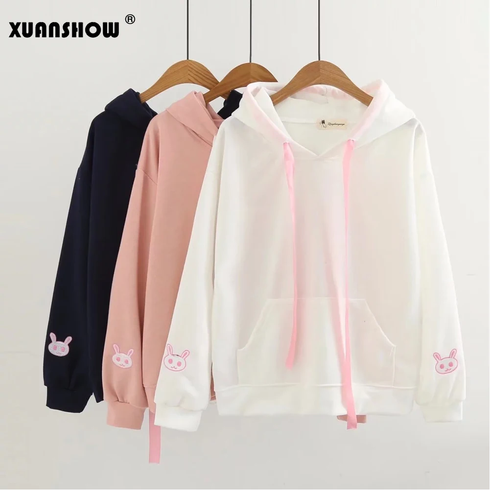 

XUANSHOW 2018 New Autumn Female Top Long Sleeve Cute Rabbit Hooded Sweatshirt Girl's Kawaii Rabbit Embroidery Women's Pullover