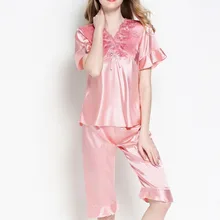 Весна, лето, Осень, Зима, женская имитация пижамы с коротким рукавом, короткий пижамный комплект с v-образным вырезом, кружевное Сексуальное Женское Свободное платье, комплект