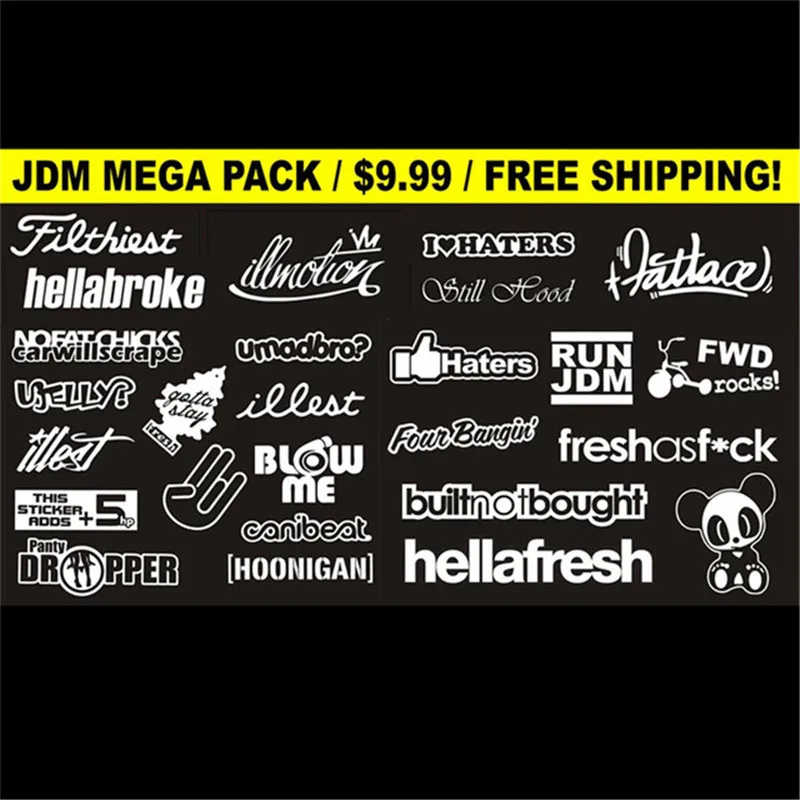 

JDM Mega Sticker Pack White You Get 26 Stickers Hoonigan Illest Panty Dropper (White) sticker truck Bicycle Guitar decal sticker