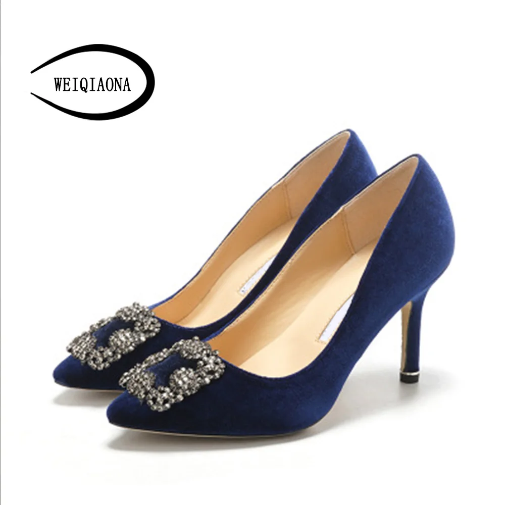 

WEIQIAONA 2019 Flock Brand Design Women shoes New Luxury Crystal Pointed Toe High Heels Party Shoes Ladies Shoes Wedding Shoes