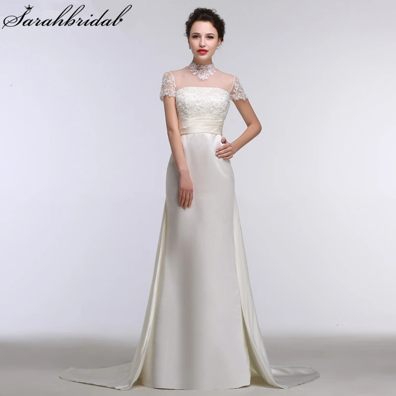 

Sexy Sheer High Neck Mermaid Wedding Dresses Sequins Pearls Short Sleeves Satin Bridal Gown Real Sample Vestido De Noiva GT01