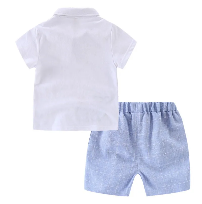 80-120cm Cute Whale Kids Boys Clothes Sets Baby Boys Summer Clothing Suits White Short Sleeve T-shirts + Plaid Shorts    (3)
