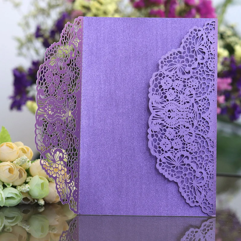 100pcs Rose Laser Cut Wedding Invitations Card Cute Elegant Lace Business Greeting Cards Birthday Wedding Party Favor Decoration - Цвет: Purple Cover