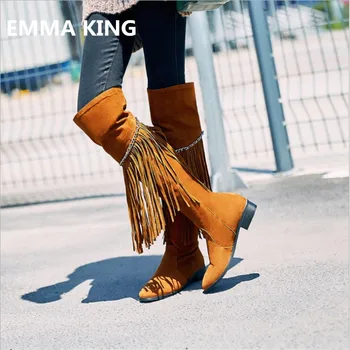 

2018 Women Flock Fringe Over The Knee Boots Women Pointed Toe Low Thick Heel Boots Tassel Studded Stage Boots Big Size 35-43