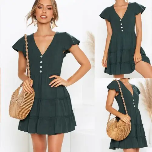 

Hot Women V Neck Button Solid Pattern Short Sleeve Short Mini Dress Split Evening Party High Waist A-Line Beach Dresses