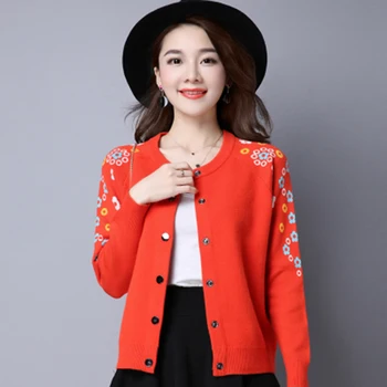 

Female Spring Autumn Embroidered O-neck Short Knitted Cardigan Women Single Breasted Plus Size Slim Cardigan Sweater Coat F406