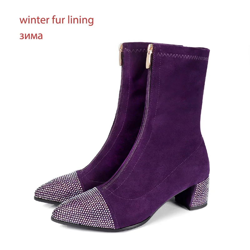 WETKISS/растягивающиеся женские ботфорты выше колена; обувь на высоком каблуке с острым носком, украшенная стразами; женские ботинки; модель года; Цвет фиолетовый; большие размеры 43 - Цвет: purple short