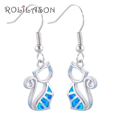 ROLILASON Cute Cat Design Birthday Gifts for Ladies Blue Fire Opal 925 Silver Fashion Jewelry Drop Earrings OES627