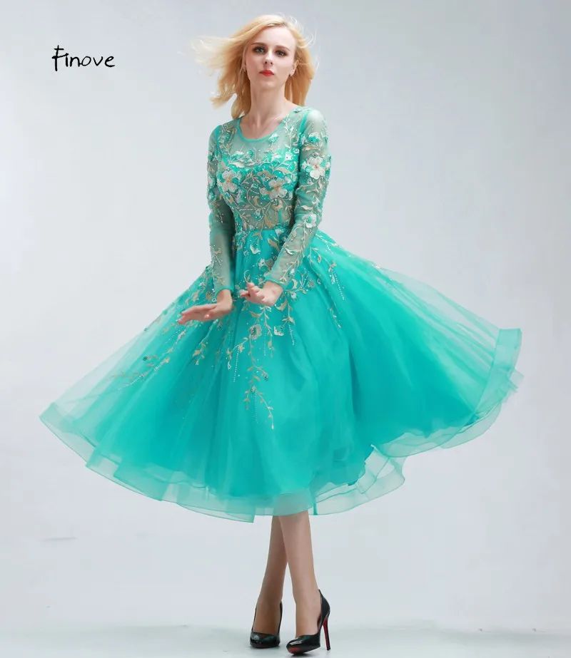 Finove Vestido de Festa бисерные платья для выпускного вечера совок шеи с длинным рукавом Тюль Ткань с прозрачным чай-длина платья для выпускного вечера