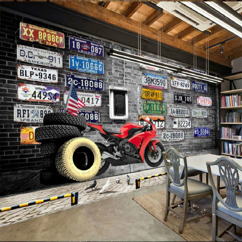 Europe America nostalgic retro brick plates motorcycle tire large mural 3D wallpaper for walls 3d bedroom living room TV stereo Europe America nostalgic retro brick plates motorcycle tire large mural 3D wallpaper for walls 3d bedroom living room TV stereo