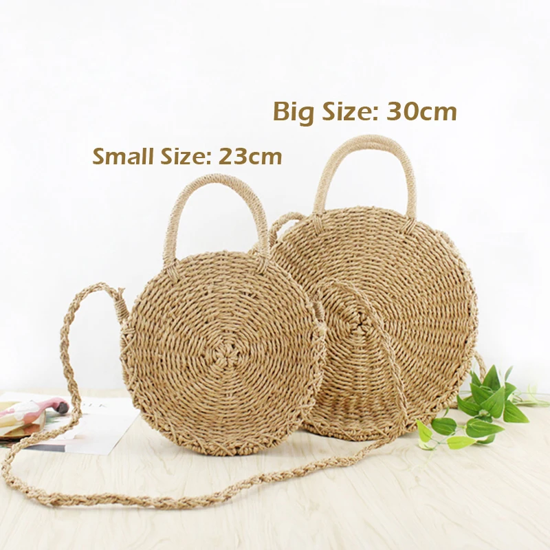 

Handmade Rattan Woven Round Handbag Vintage Retro Straw Rope Knitted Messenger Bag Lady Fresh Paper Bag Summer Beach Tote