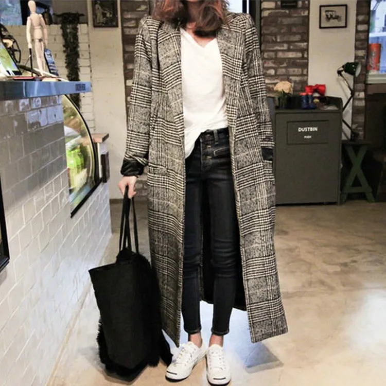 

Autumn Winter Women Black Plaid Wool Coat Collar Long Trench Casual Straight Outwear Ladies Single Button England Style Outwear
