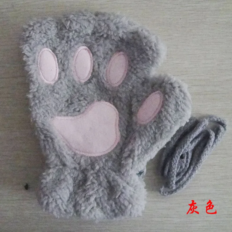 Winter cute cartoon cat girl mitt thickening fluff bear paw half finger gloves G22 - Цвет: Gray