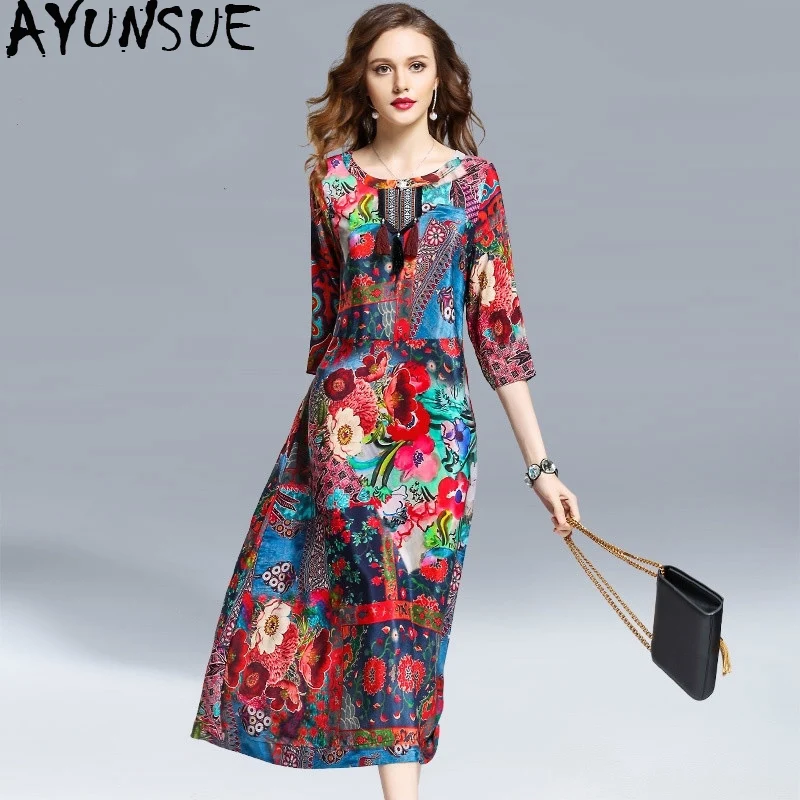 

AYUNSUE Women's Spring Summer Floral Dress Elegant Vintage Silk Dress Ethnic Style Long Dresses Beach Vestidos De Verano KJ1851