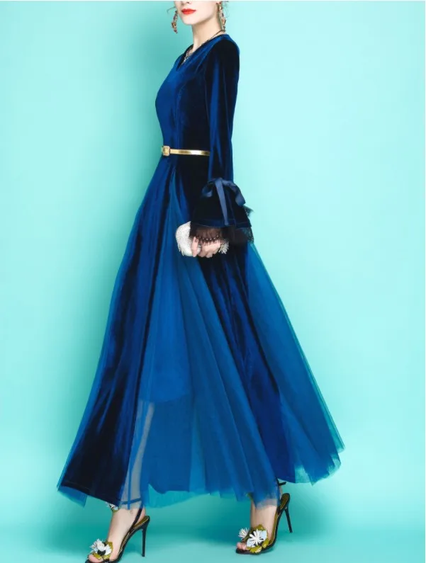 

2019 New Spring And Autumn Women's V-neck Lace Gauze Stitching Golden Velvet Dress Female Long Sleeve Slim Maxi Long Dresses