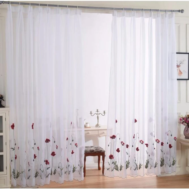 Классический белый отвесный вышитый красный цветок шторы тюль для гостиной простой пасторальный экран вуаль занавеска для спальни