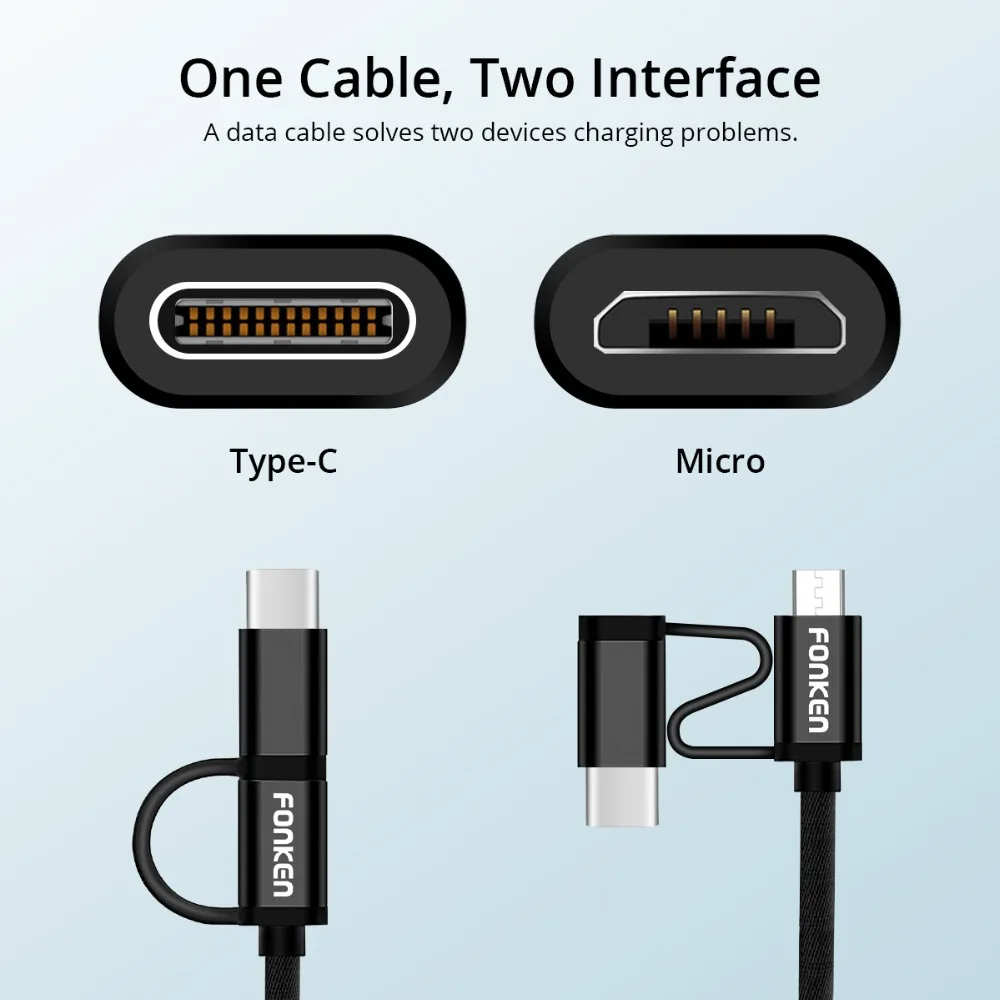 FONKEN 2 في 1 كابل يو اس بي المصغّر usb نوع C هاتف يدعم خاصية الشحن السريع كابل 1 متر المزدوج محول البسيطة USB C شحن للجوال كابلات الهاتف