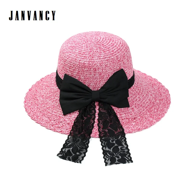 

Spring and Summer Sunscreen Straw Hat for Lady Beach Sunhat with Bow-knot Lace band Panama Cap Playa Elegant Wide brim Pink Blue