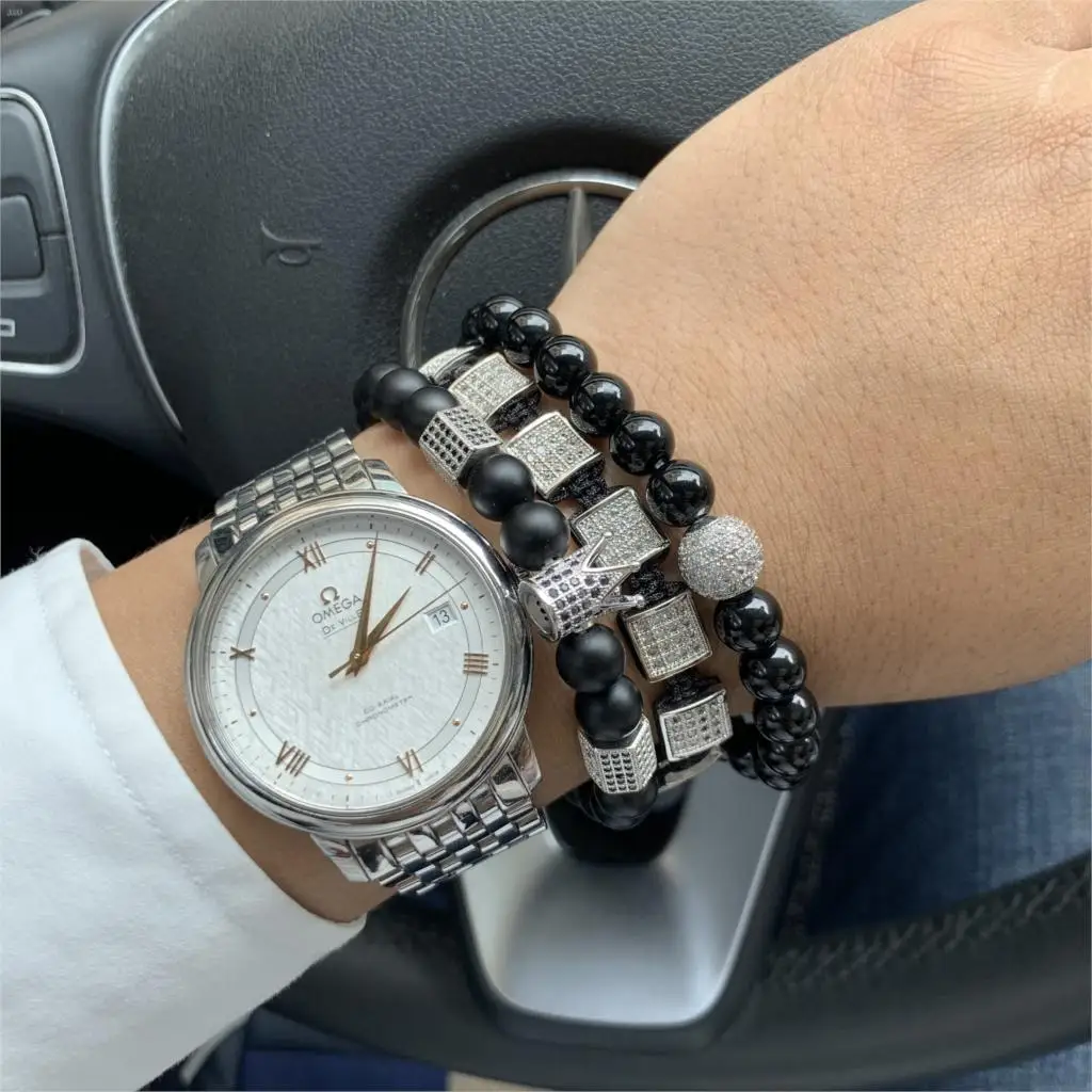 3pcs/set Natural Stone Beads Men Bracelet Set CZ Copper Square Braiding Hexagon Crown Ball Charms Bracelets & Bangles Jewelry