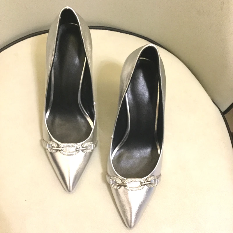 black Dedo Pie Cadena De Moda Color Genuino Del Imitación Mujeres 2019 Diamantes Mujer Cuero Zapatos Knsvvli nude Tacón Las Plata Puntiagudo Silver Alta 7xnBOww