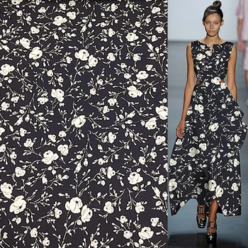 

Beige floral on black backgrond silk crepe geoggete fabric 55" width,SCG352