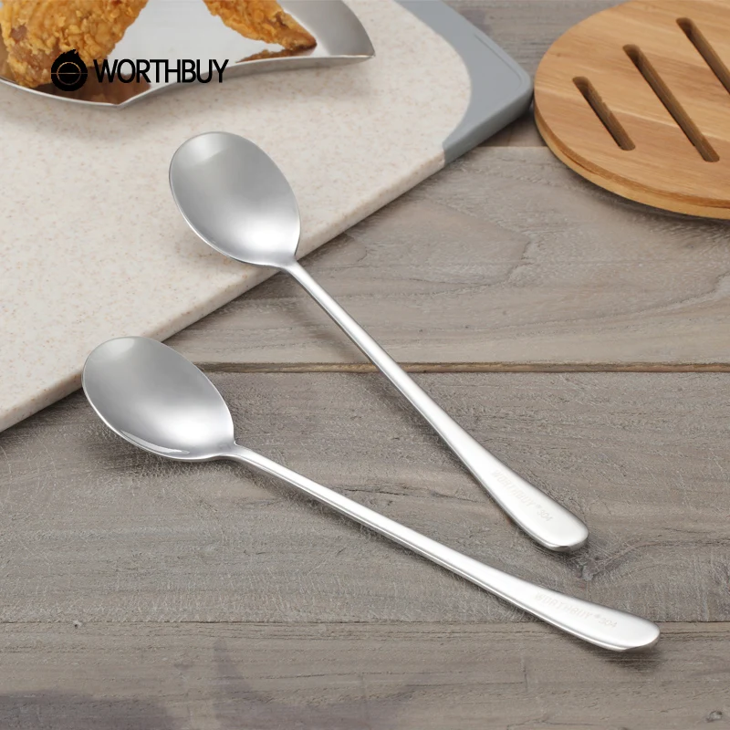 

WORTHBUY 2 Pcs/Set Chinese Long Handle Dinner Spoon 304 Stainless Steel Silver Spoon Set Kitchen Serving Spoon Soup Ladle