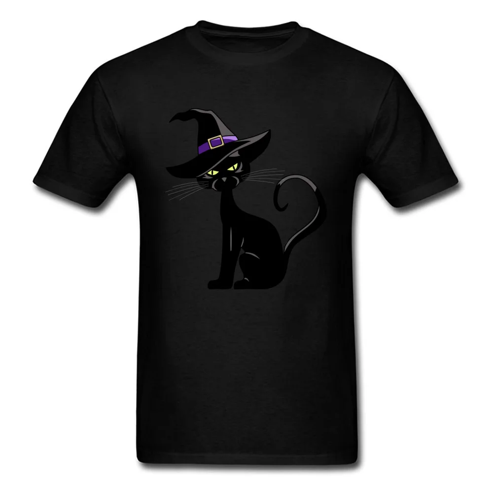 Tops & Tees Cat in Witch Hat Lovers Day Short Sleeve Pure Cotton Round Collar Men Tshirts Simple Style T Shirt New Design Cat in Witch Hat black