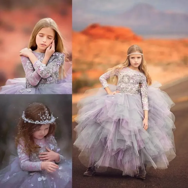 

New Lavender Little Princess Pageant Dress Tulle Long Sleeves Lace Flower Girls Dresses Sequins Appliques First Communion Dress