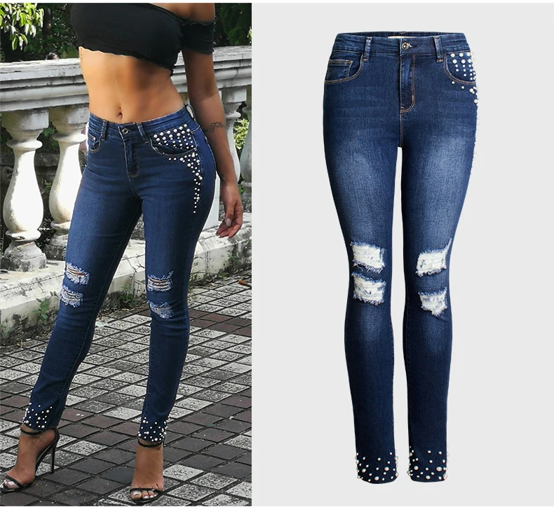 European station Europe and the United States new hole pearl cat toe cowboy high waist pants feet beaded straight jeans (6)