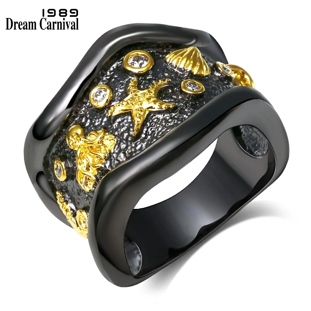 

DreamCarnival 1989 Women Bijoux Finger Rings with Gold-Color Starfish Sell Shells Charms Irregular Wavy Edges Bague Zircon Anel