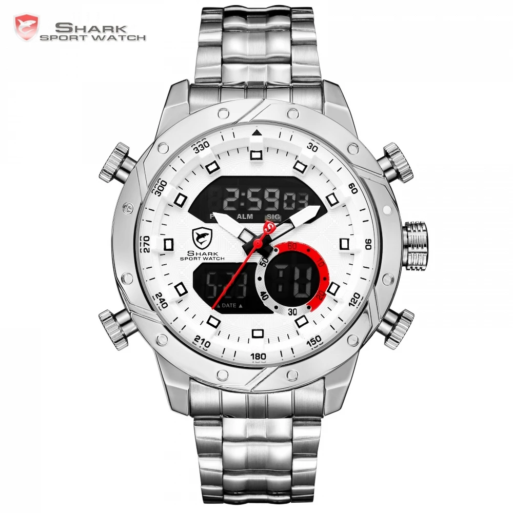 Snaggletooth SHARK Sport Watch LCD Auto Date Alarm Steel Band Chronograph Dual Time Men Relogio Quartz Digital Wristwatch /SH589