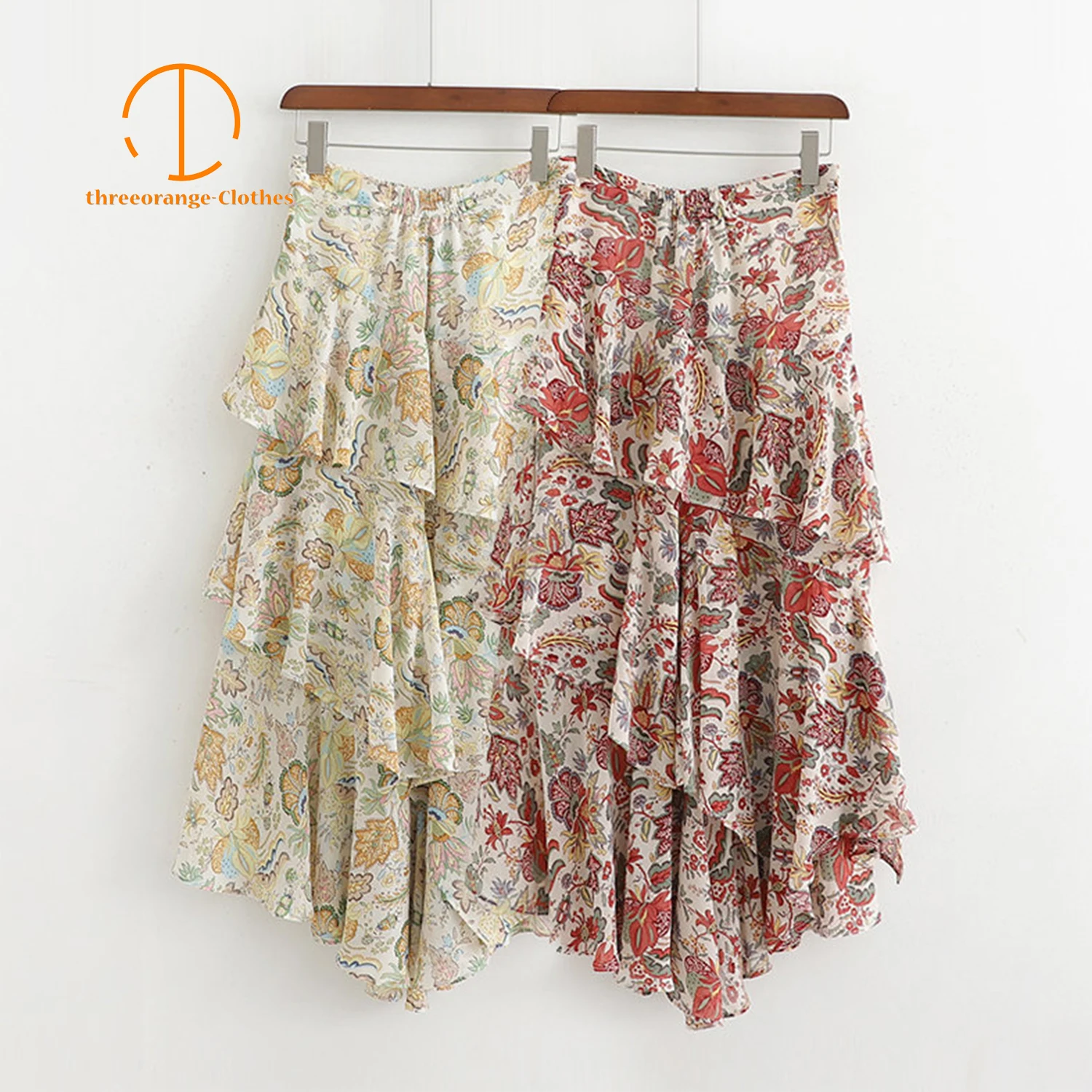 

Sun skirt women bohemian Chiffon light cascading ruffles floral print elastic waist Summer Casual beach midi skirts vestidos