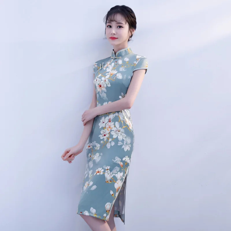 Синий Чонсам с цветами современные Chinoise Длинные платья Qi Pao для женщин Восточный стиль тонкое китайское традиционное платье Qipao