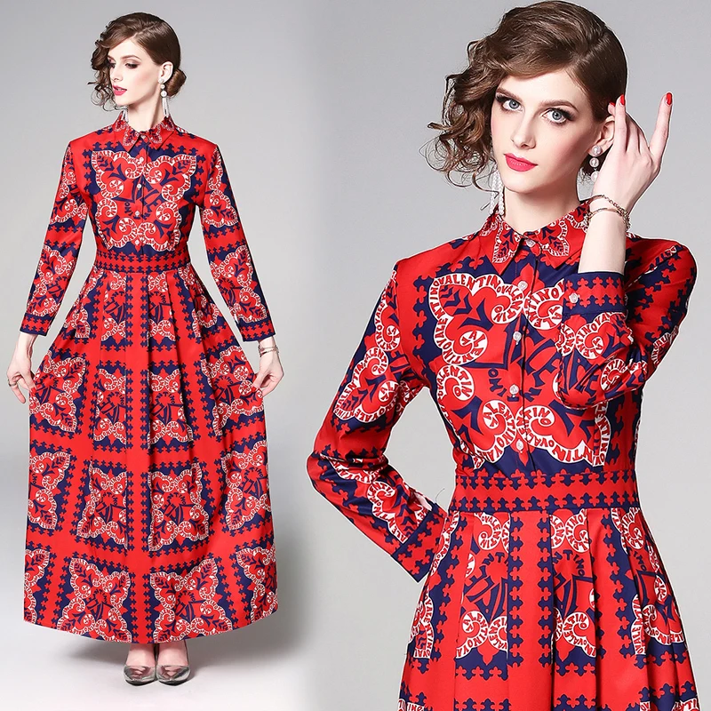 

2019 Spring Summer Fall Runway Luxury Vintage Floral Print Collar Long Sleeve Empire Waist Women Lady Casual A-Line Maxi Dress