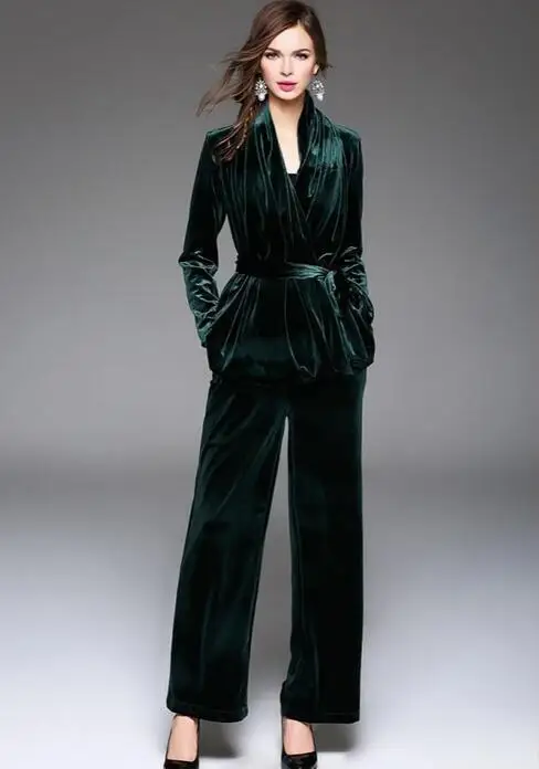 Women Blazer suit set Green velvet business suit women 2 piece suit women work pant suit