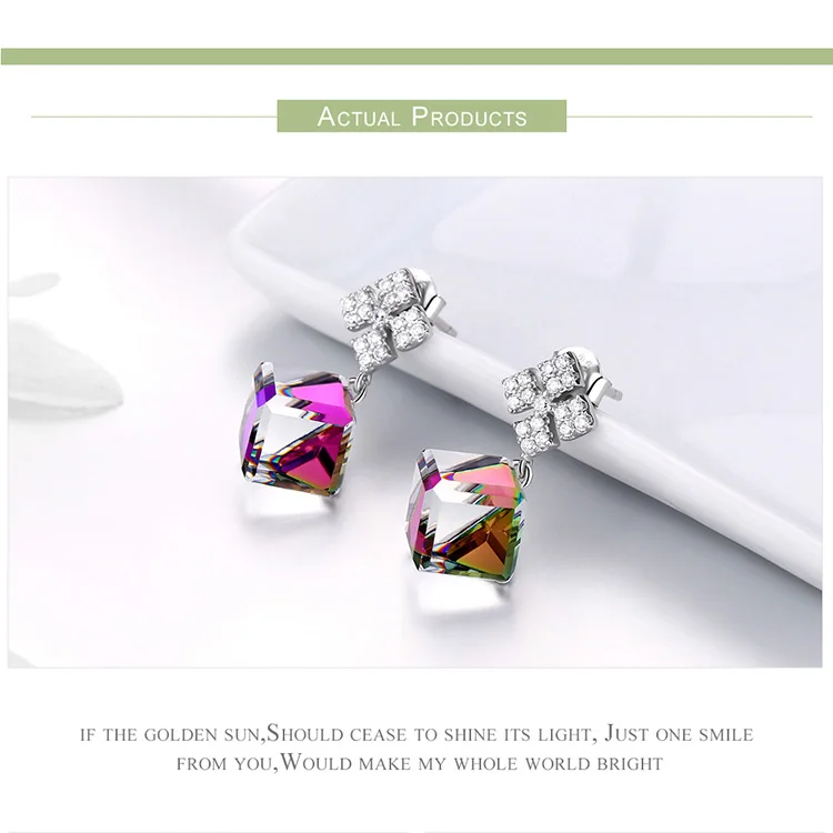 bamoer Austrian Crystal Cube Wreath Dangle Earrings 925 Sterling Silver Flower Women Wedding Statement Jewelry Gifts BSE202