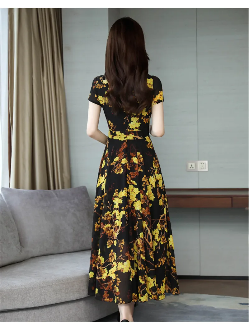SexeMara Bohemian Style O-Neck Short-Sleeved Printed Temperament Waist Chiffon Long Large Dress 2019 Summer New Style (1)