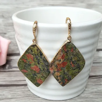 

4 Pairs Golden edg e Geometric Natural Stone slice Dangle Earrings,tophus Stone handmade Drop Earrings Charm Jewelry ER312
