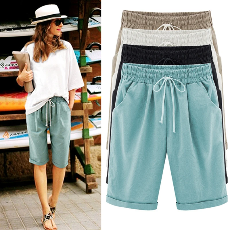 

Plus Size M-5XL 6XL 7XL Summer Fashion Cotton Linen Women Pants Flanging Elastic Waist with Drawstring Loose Beach Trouser Black
