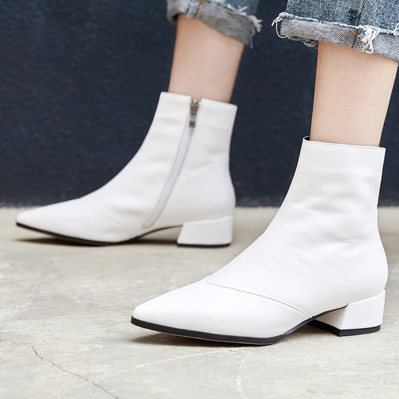 new genuine leather shoes woman pointed toe ankle boots for women simple causal ladies shoes high heels boots