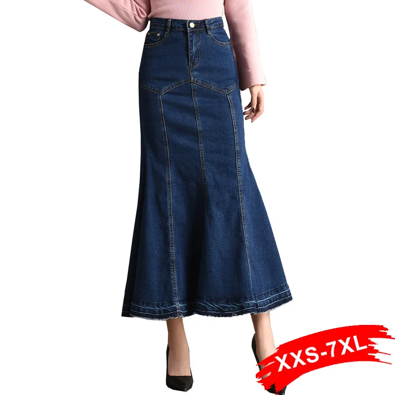 

Plus Size Patchworked Flare Denim Long Skirts 3Xl 5Xl 7Xl Summer Bodycon Mermaid Jeans Skirt Trumpet Ankle Length Jean Skirts