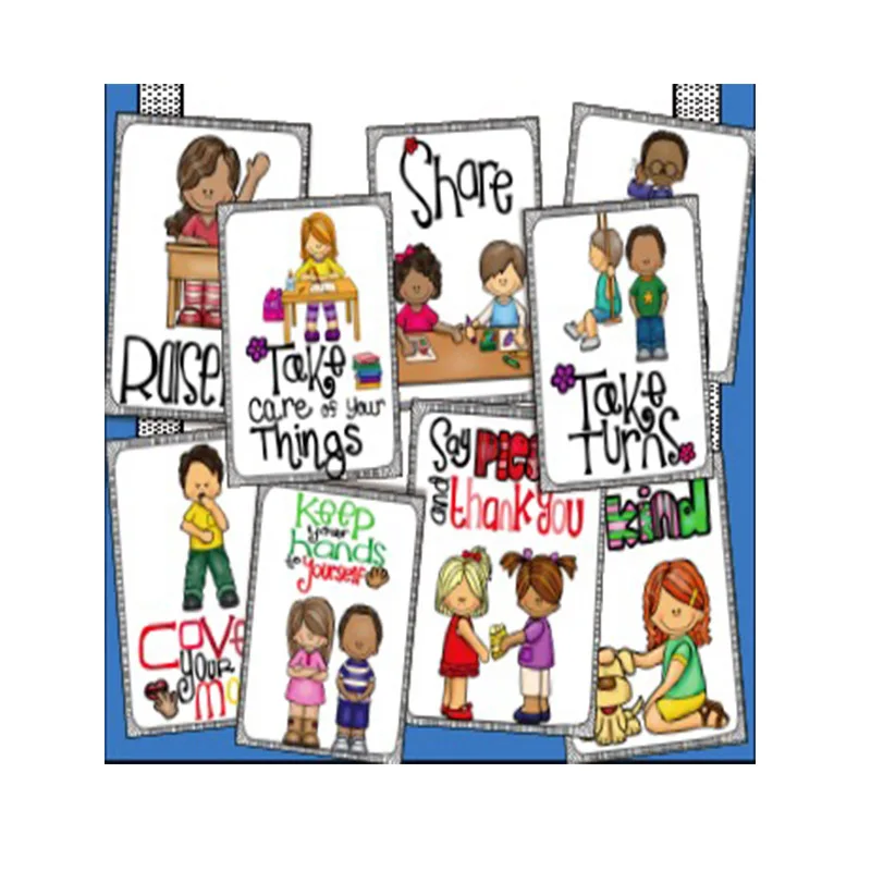  9Pcs English Poster Classroom Rules A4 Big Cards Kindergarten Early Education Good Habits Good Mann - 32907489259